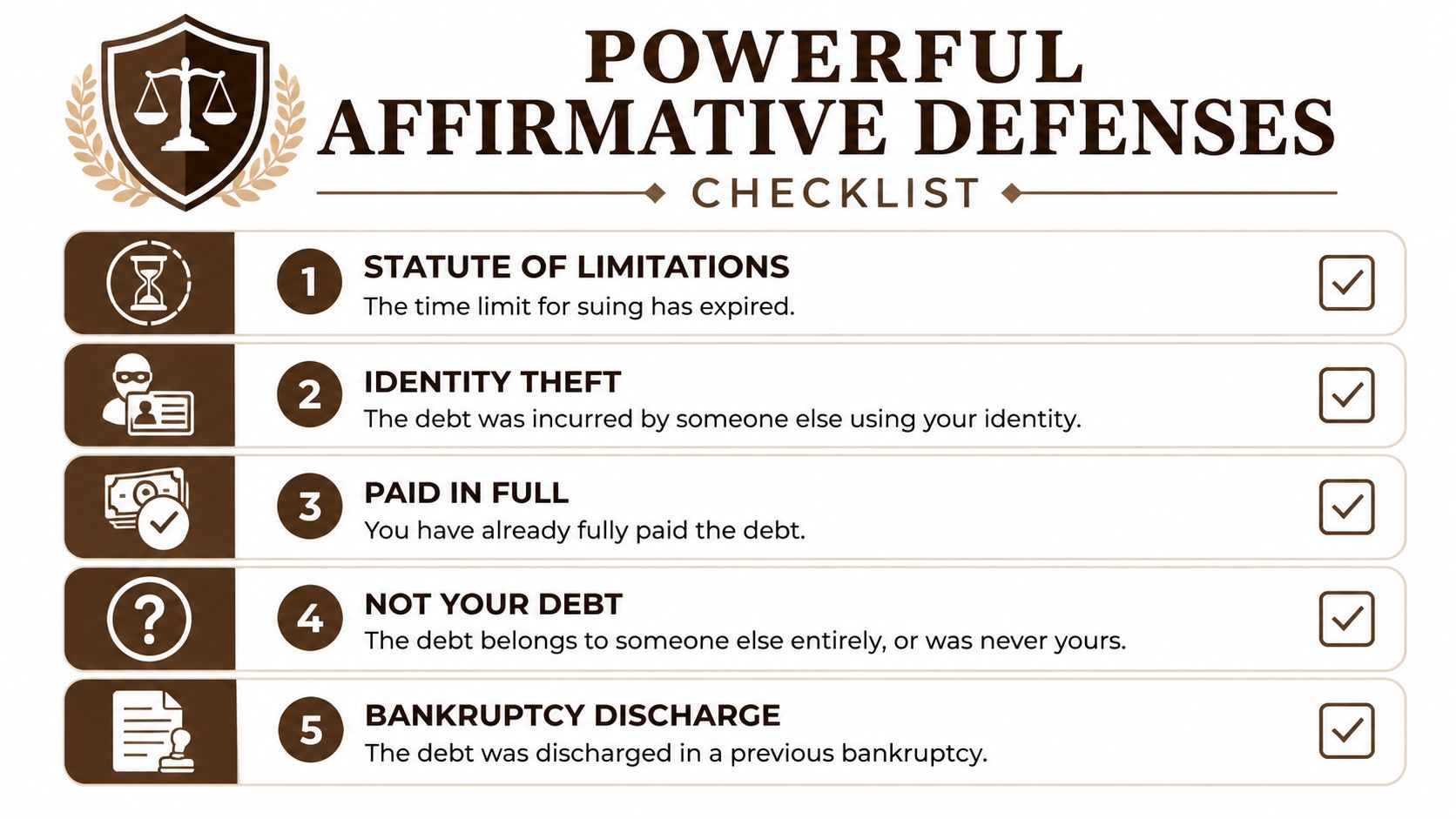 A checklist of five powerful affirmative defenses to use against a debt collection lawsuit.