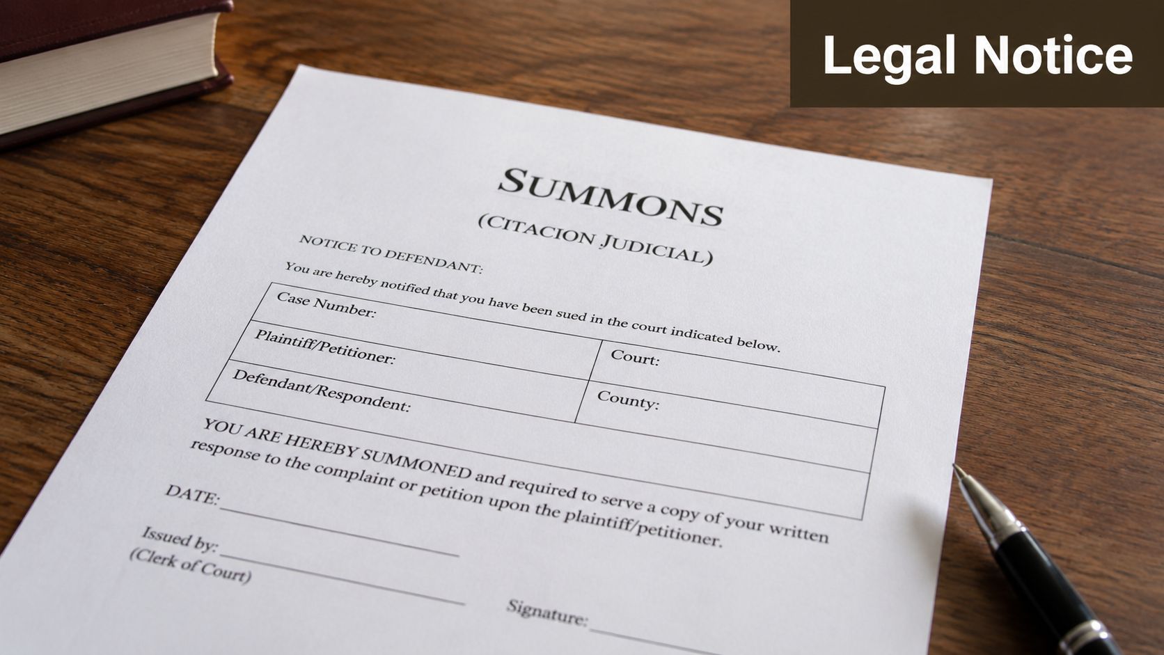 A blank legal summons document lying on a wooden desk next to a pen and a book.