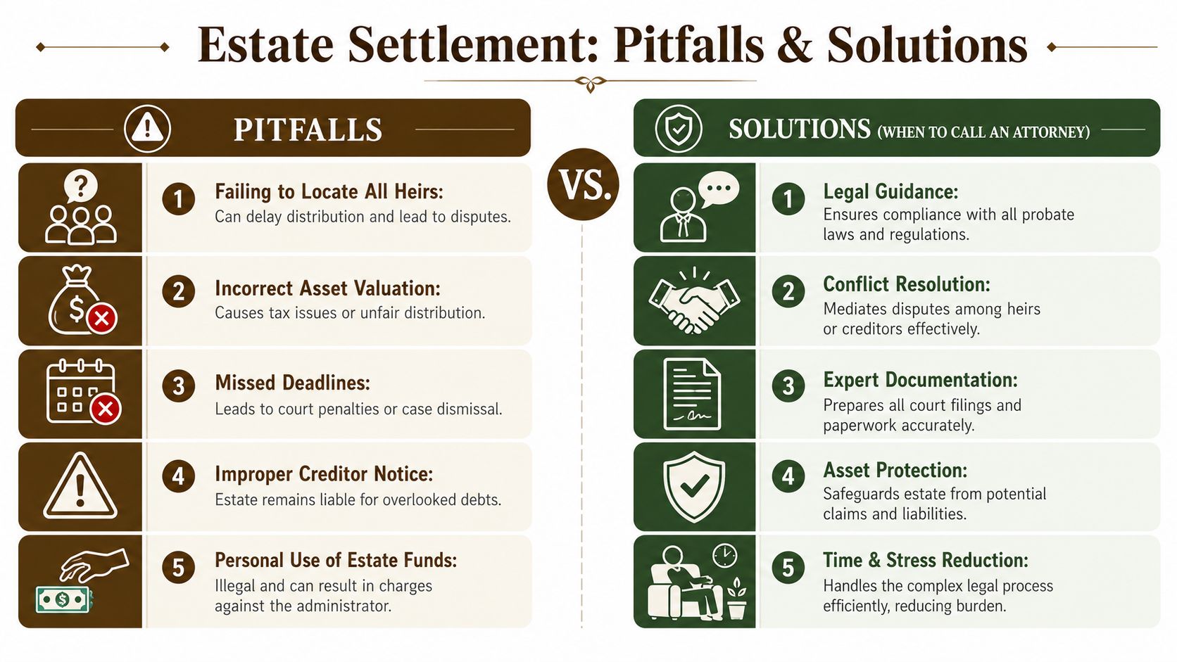 An infographic comparing five common estate settlement pitfalls versus professional solutions from an attorney.
