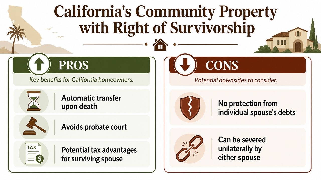 An infographic showing the pros and cons of holding property as California Community Property with Right of Survivorship.
