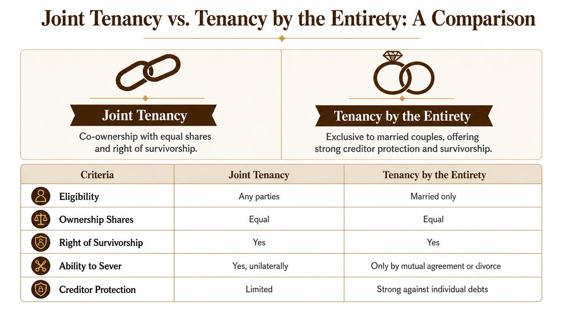 A comparison table outlining the key differences between joint tenancy and tenancy by the entirety property ownership.