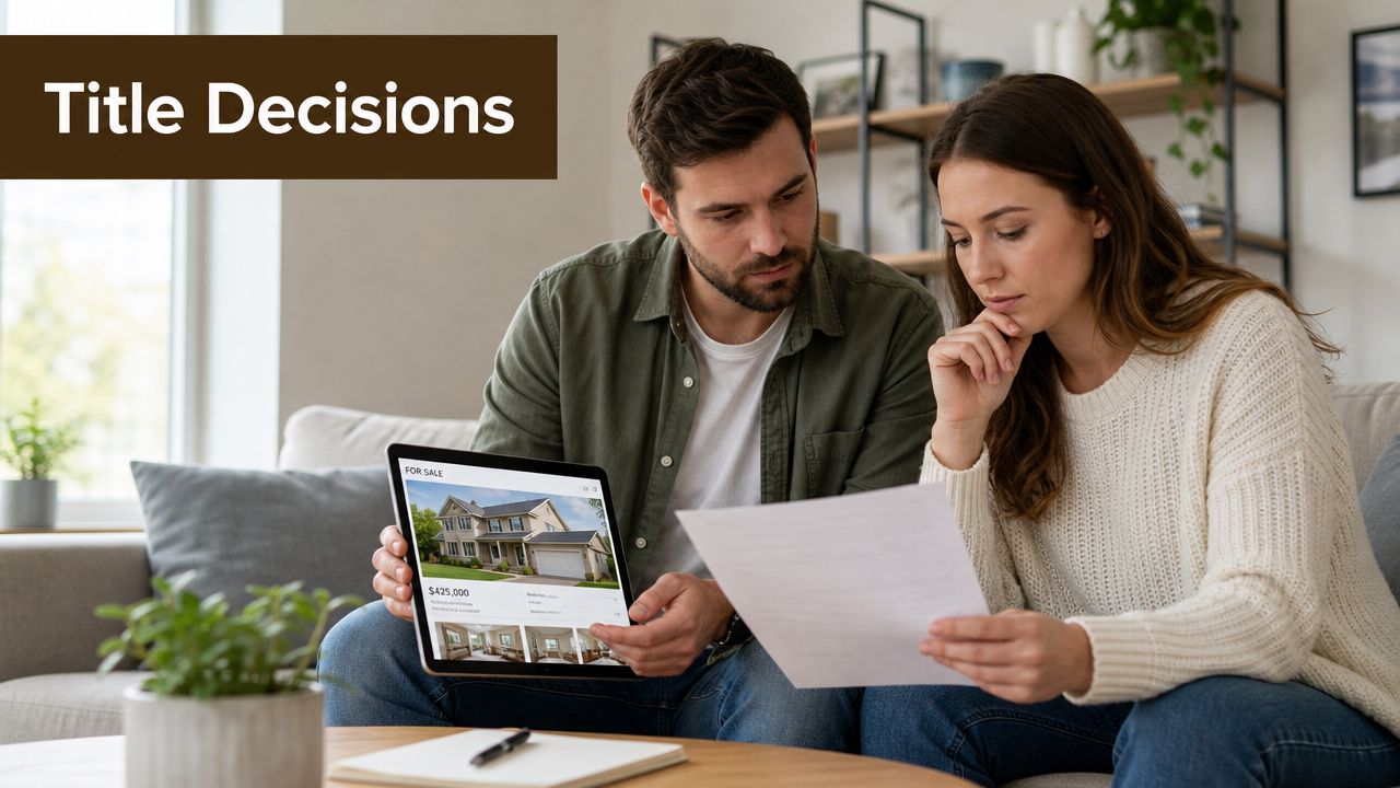 A couple sits on a sofa reviewing a home listing on a tablet and paper documents.