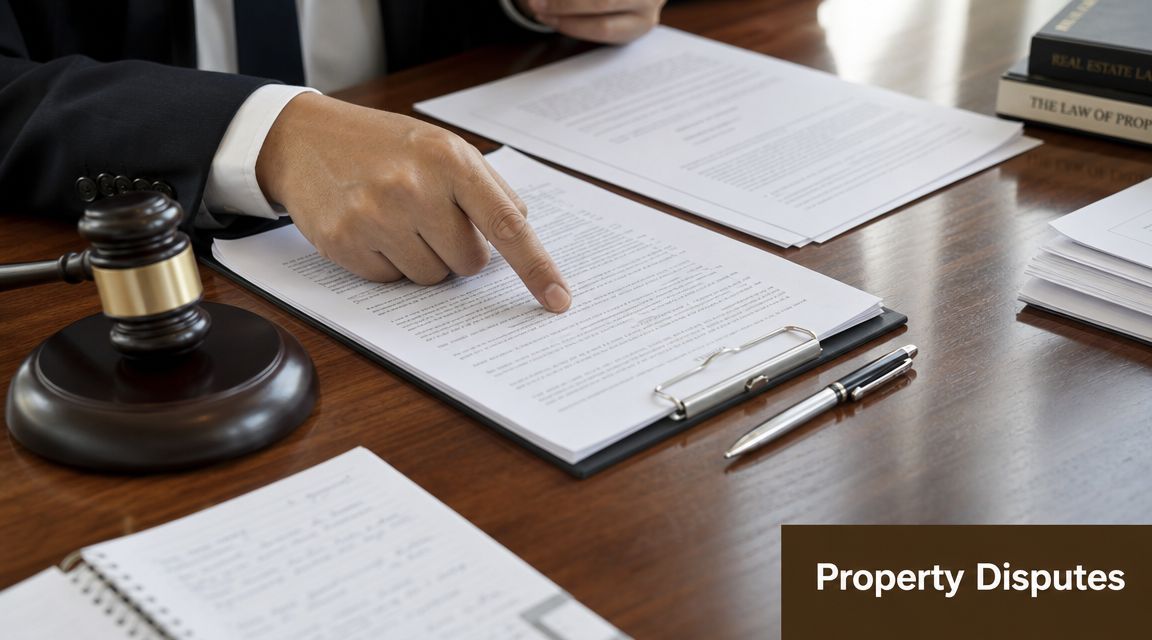 A legal professional points to a document on a desk next to a wooden gavel and pen.