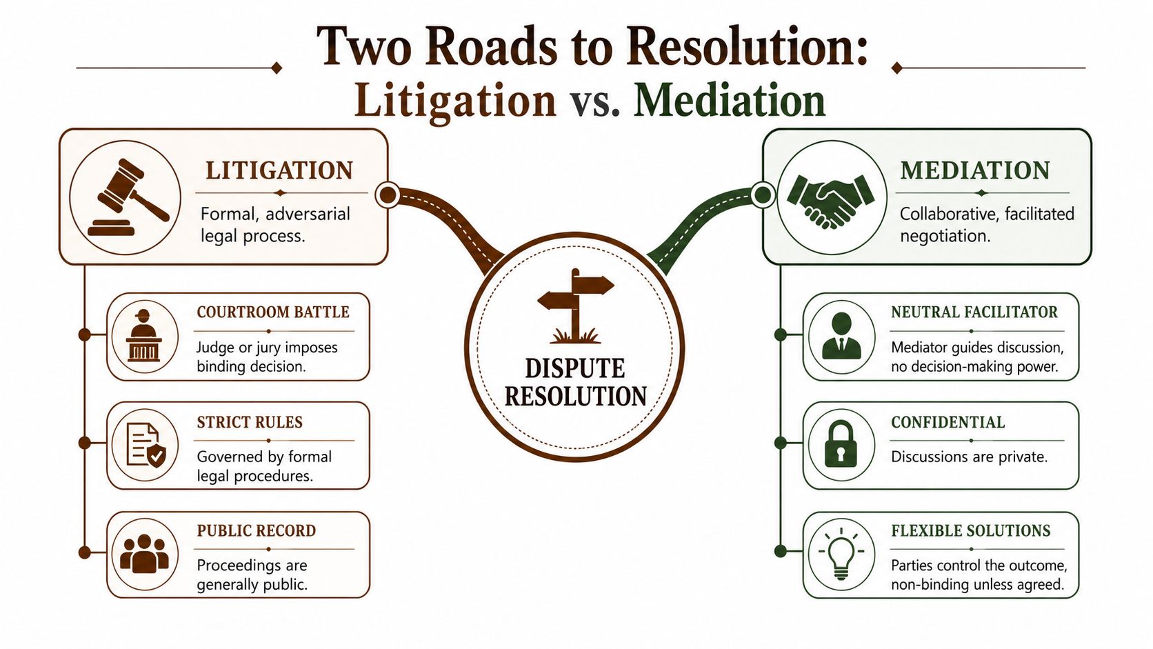 A diagram comparing litigation and mediation as two different paths to resolving legal disputes.