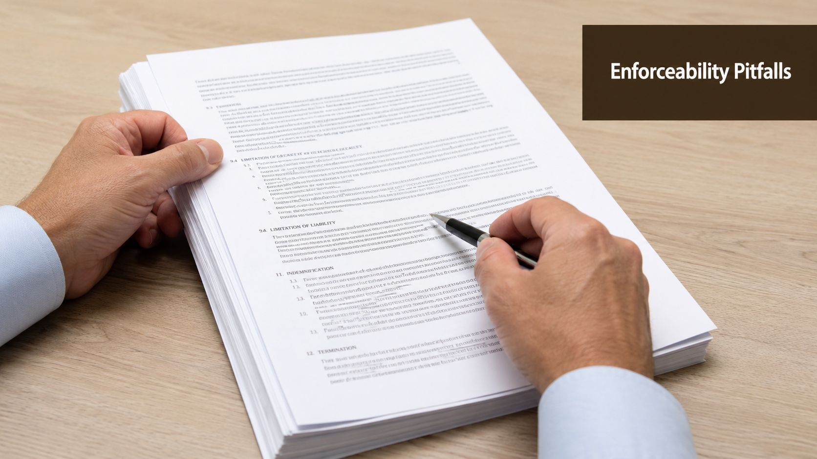 A professional reviewing legal document clauses while holding a pen, highlighting key points in a contract.