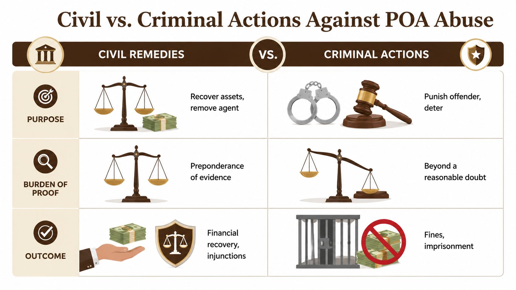 A comparison chart outlining the key differences between civil remedies and criminal actions for power of attorney abuse.