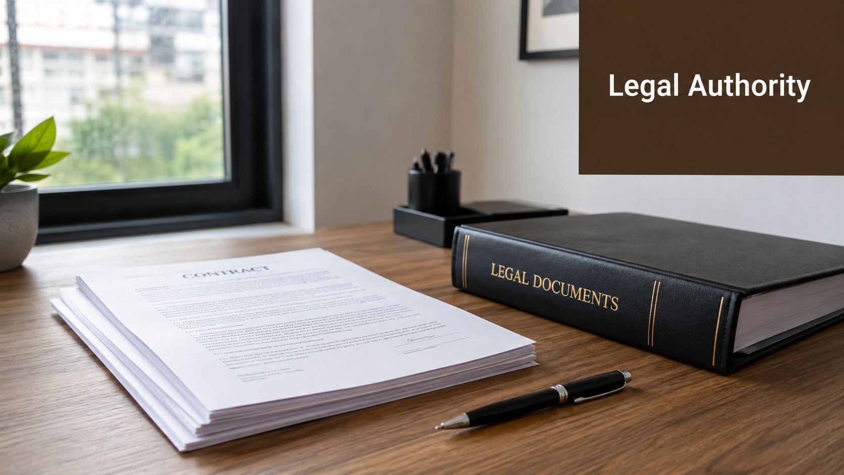 A stack of legal contracts and a binder labeled Legal Documents sit on a wooden office desk.