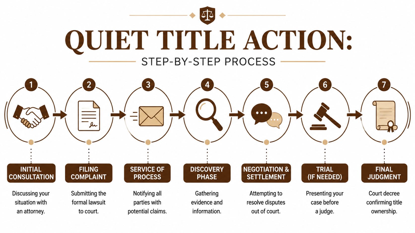 A seven-step flowchart infographic outlining the legal process of a quiet title action for property ownership.
