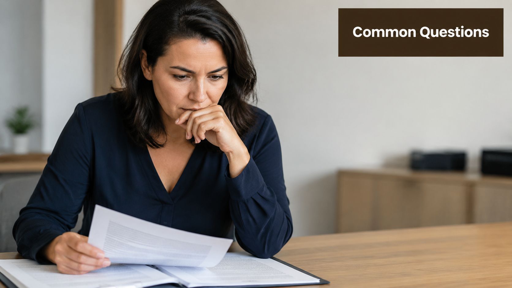 A professional woman sitting at a desk reviewing legal documents with a contemplative expression.