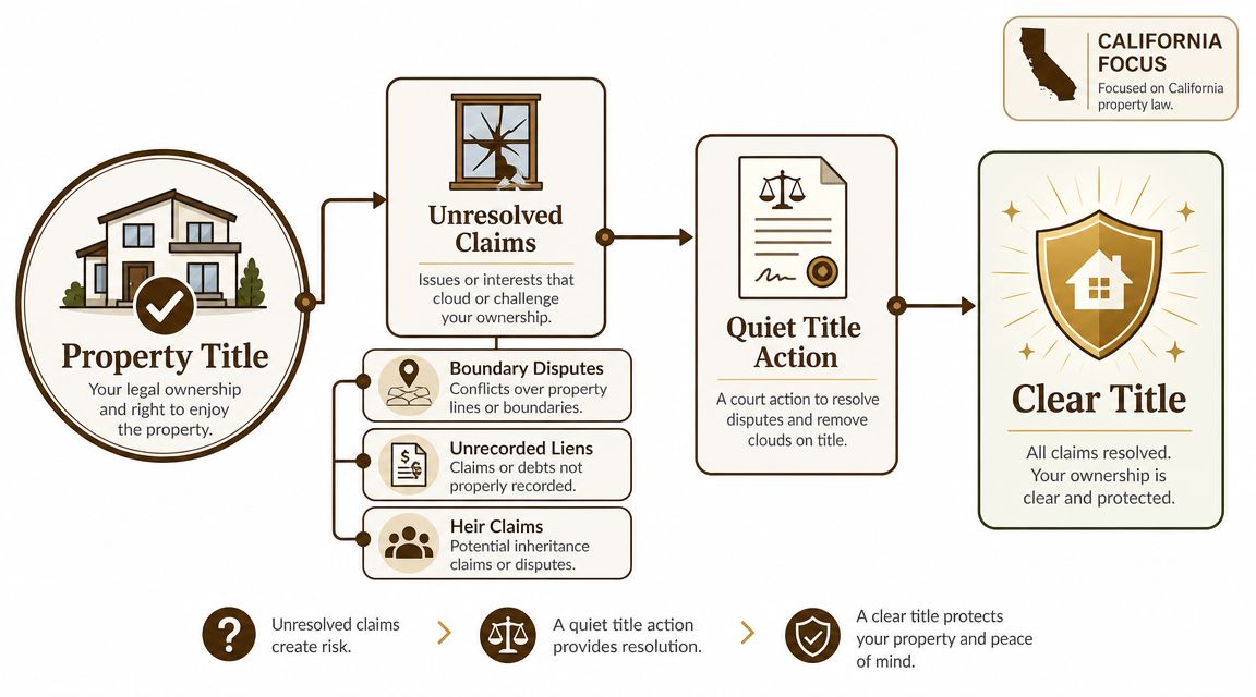 A flowchart explaining the legal process of a quiet title action to resolve property ownership disputes in California.
