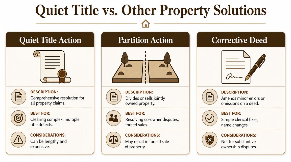 A comparison chart explaining quiet title actions, partition actions, and corrective deeds for property owners.