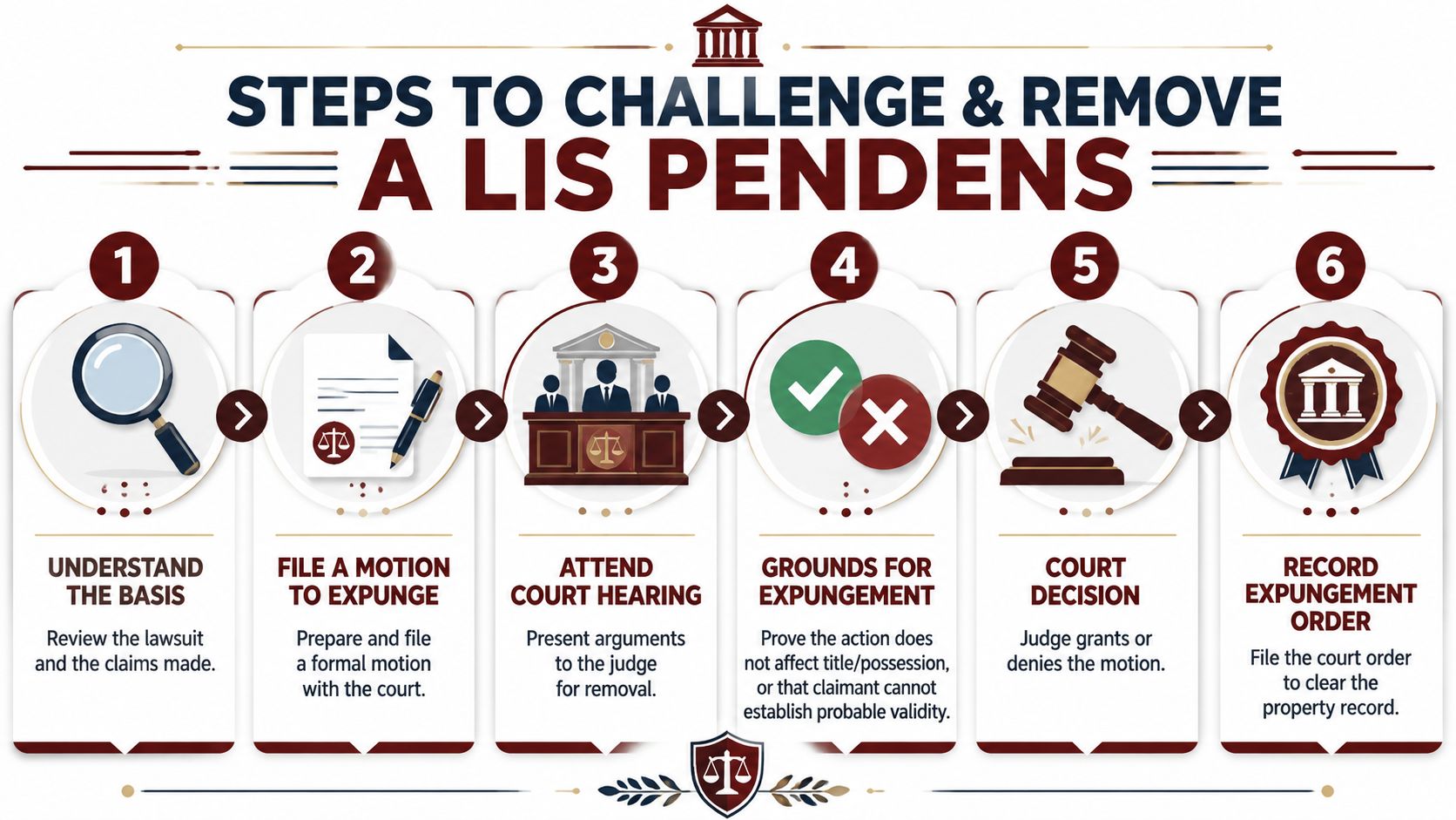 A step-by-step guide illustrating how to challenge and remove a lis pendens on a property.