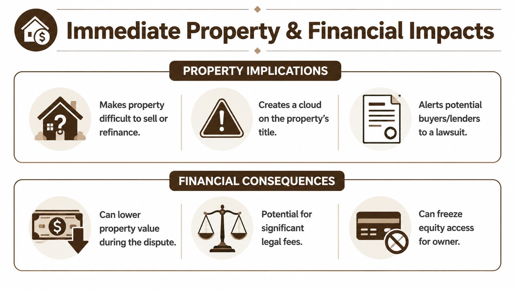 An infographic detailing the immediate property and financial consequences of a notice of lis pendens.