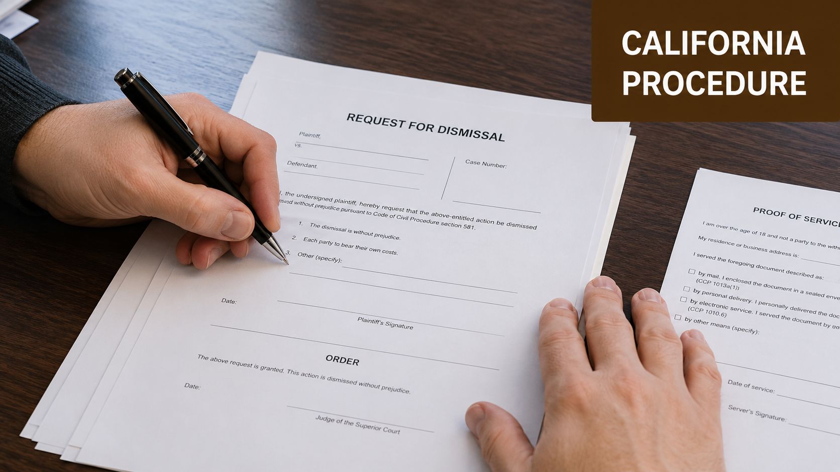 A person signs a Request for Dismissal legal document on a wooden desk with a pen.