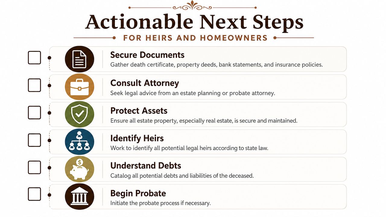 A checklist for heirs and homeowners outlining actionable next steps for managing an estate and property.