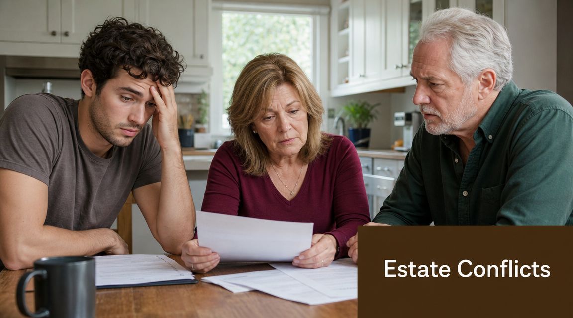 A concerned young man and an older couple reviewing legal documents together at a kitchen table.