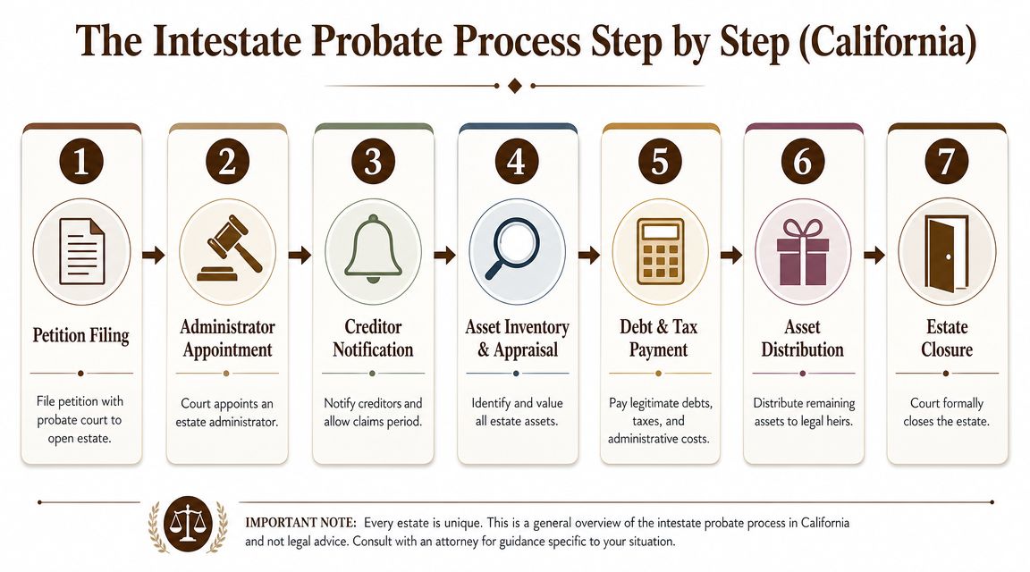 A seven step infographic illustrating the intestate probate process for estates in the state of California.