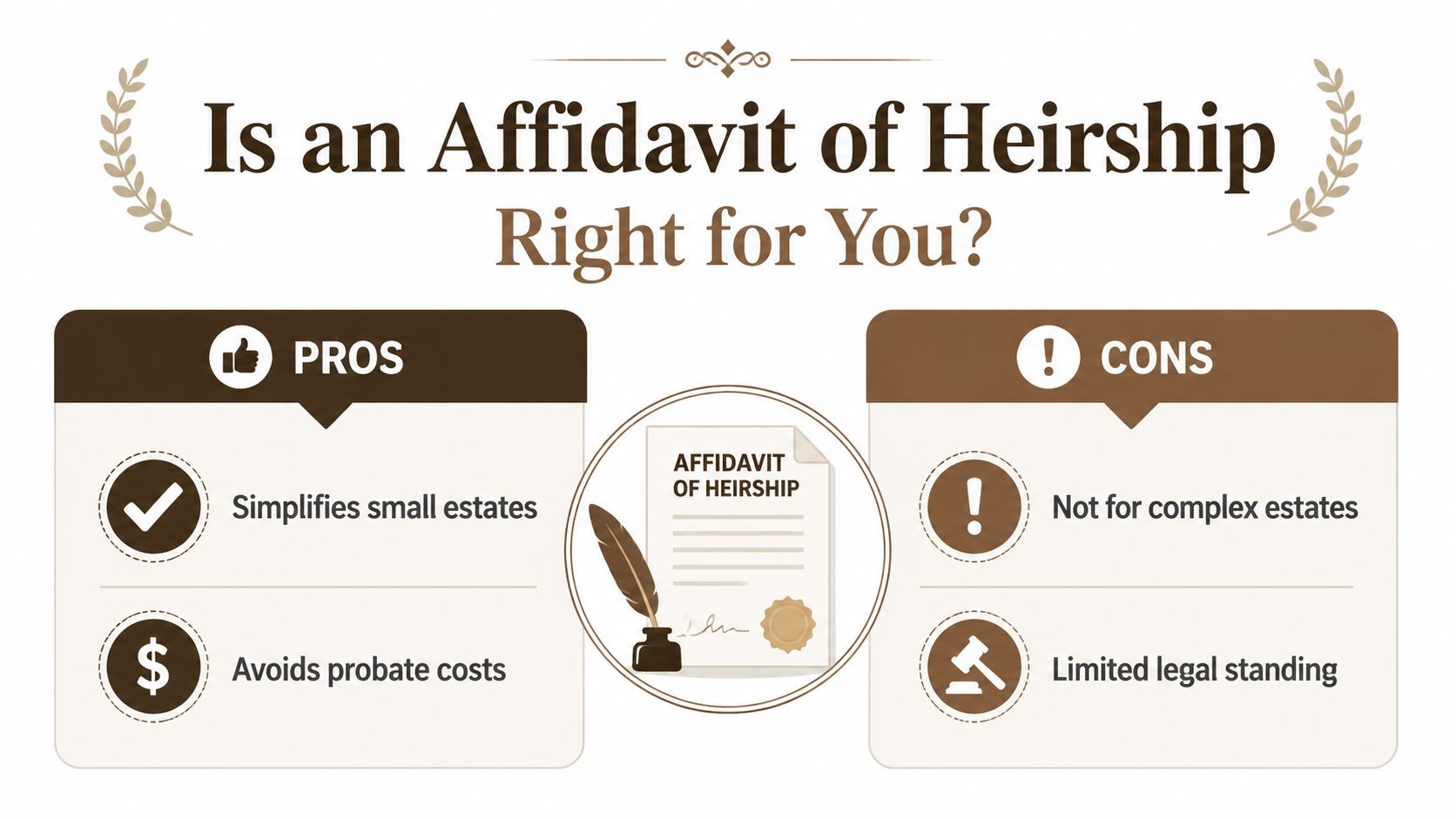 A comparative infographic outlining the pros and cons of using an Affidavit of Heirship for estates.