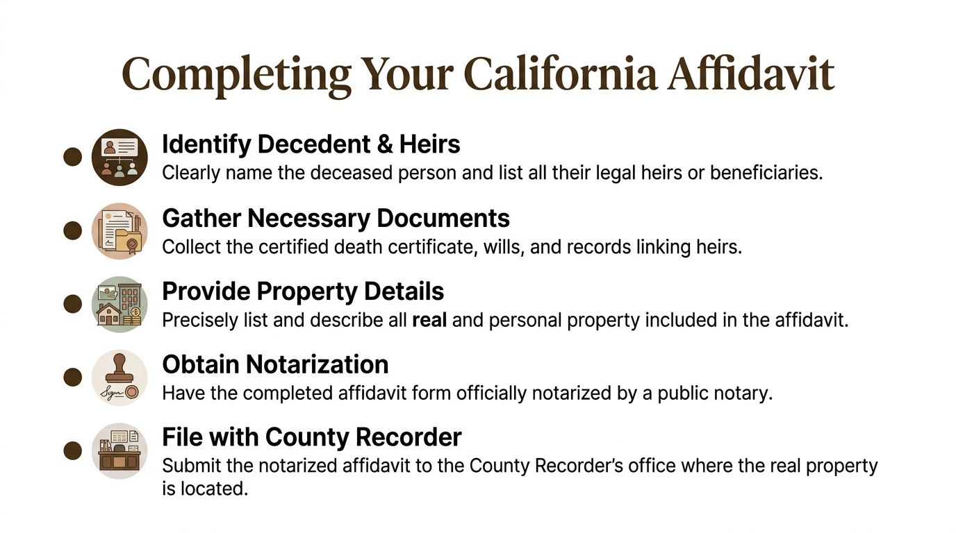 A checklist infographic outlining the five steps to complete a California affidavit of heirship form.