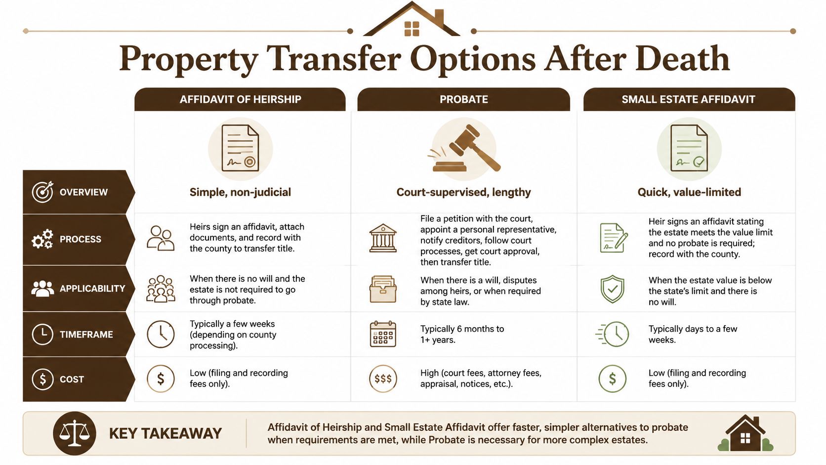 An infographic comparing Affidavit of Heirship, Probate, and Small Estate Affidavit as property transfer options after death.
