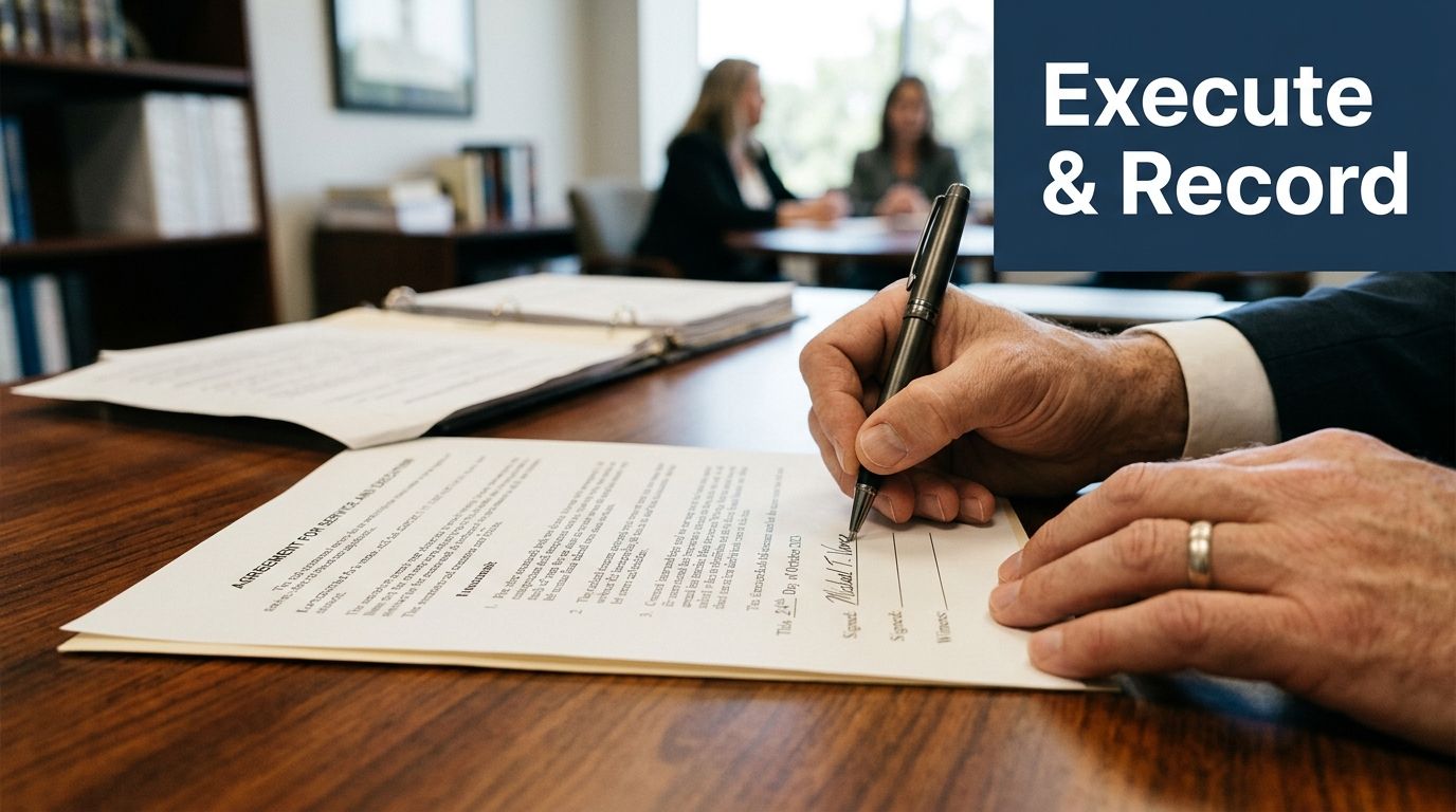 A professional signing a legal document on a desk in a corporate office setting.