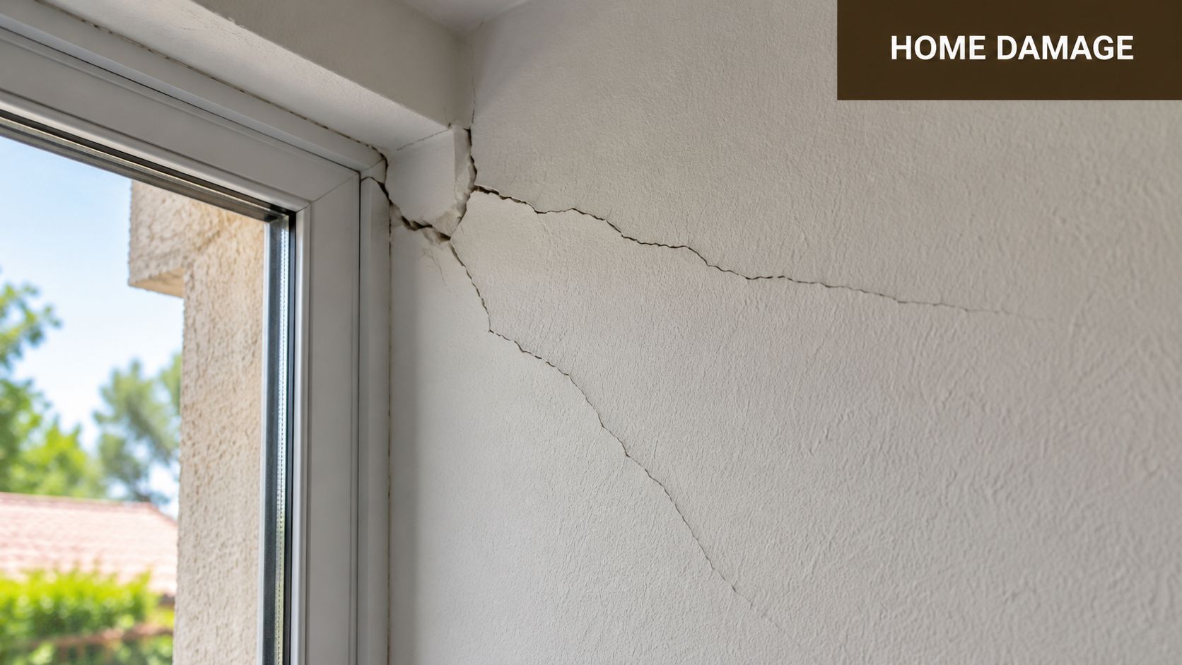 A close-up view of a deep diagonal wall crack extending from the corner of a window frame.