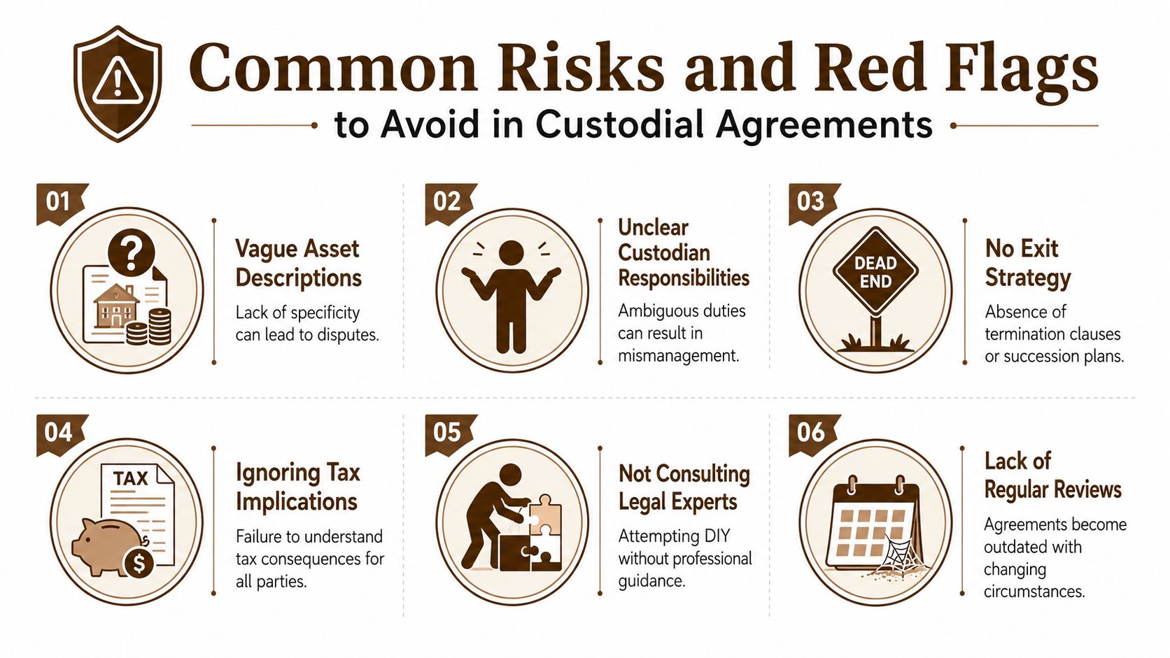An infographic detailing six common risks and red flags to avoid when creating custodial agreements.