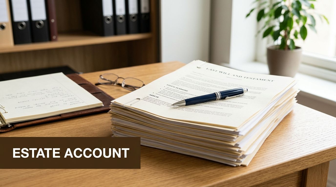 A stack of legal documents titled Last Will and Testament resting on a wooden desk with a pen.