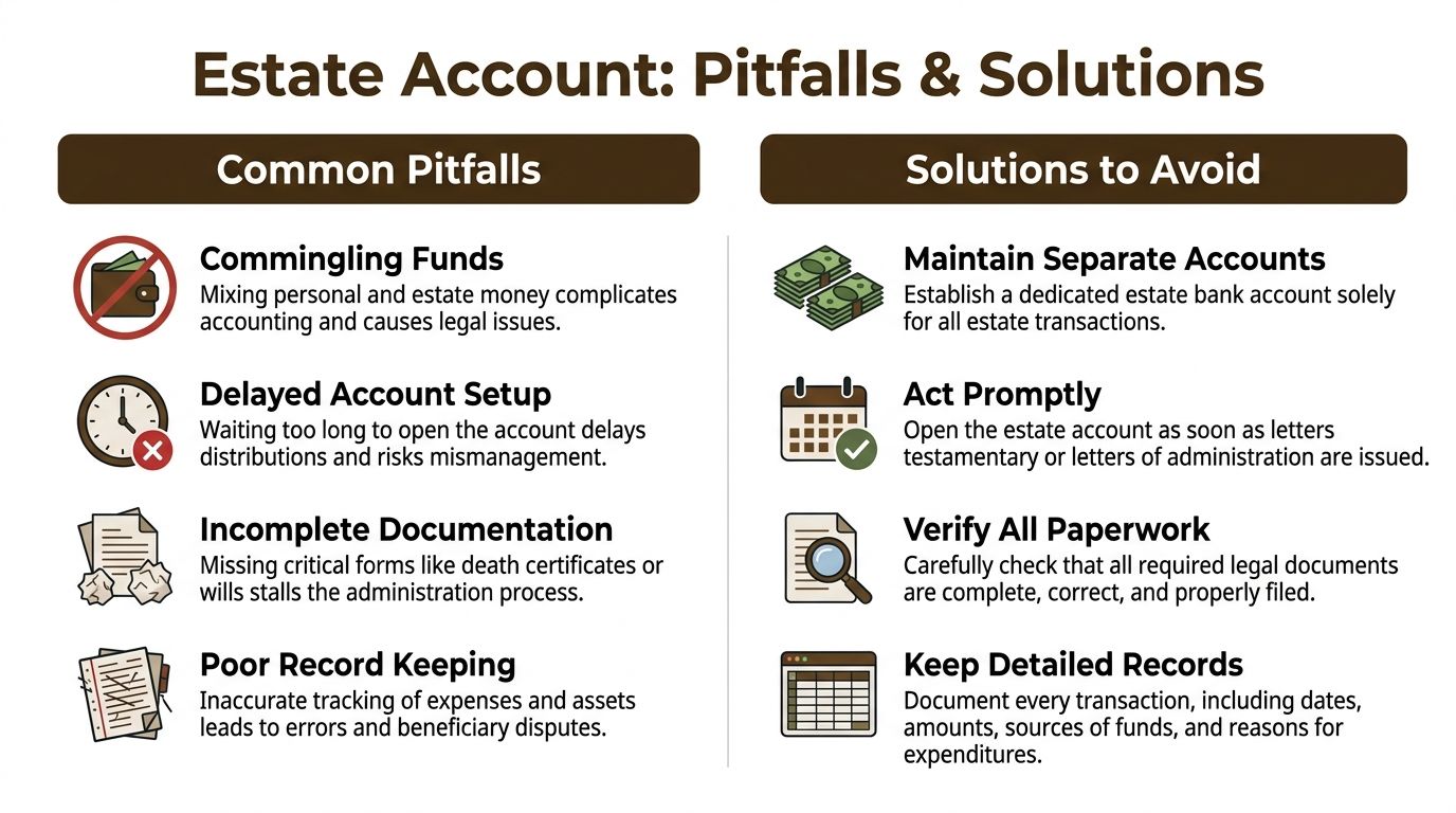 An infographic listing common pitfalls and corresponding solutions for managing an estate bank account effectively.
