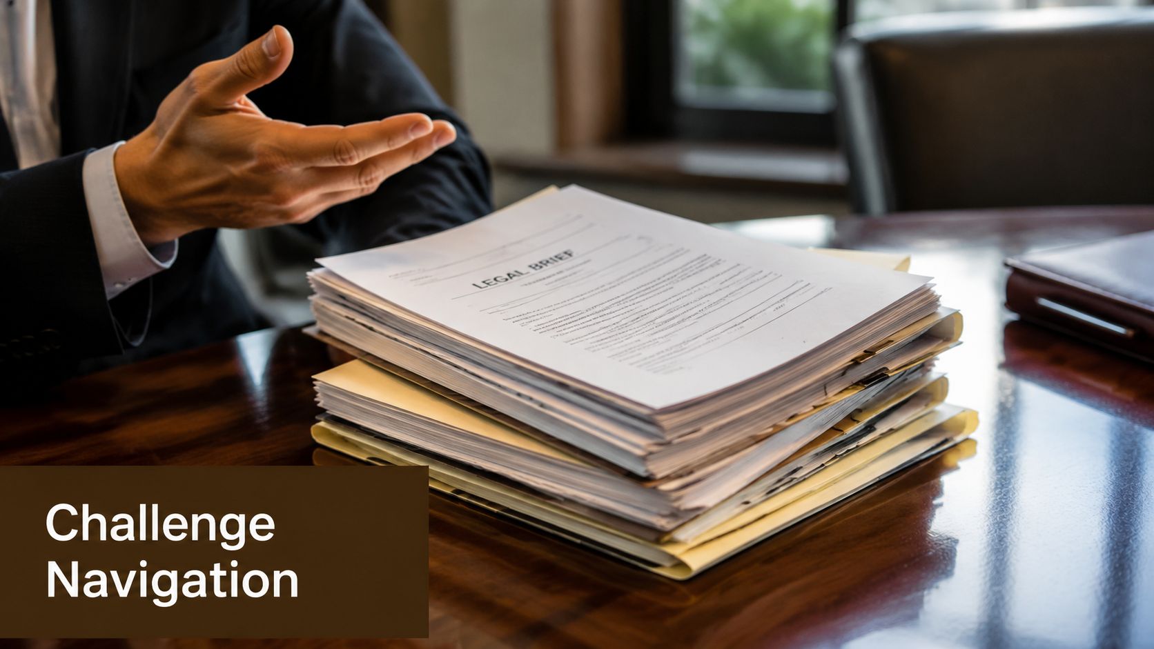 A professional in a suit gestures next to a thick stack of legal briefs on a desk.