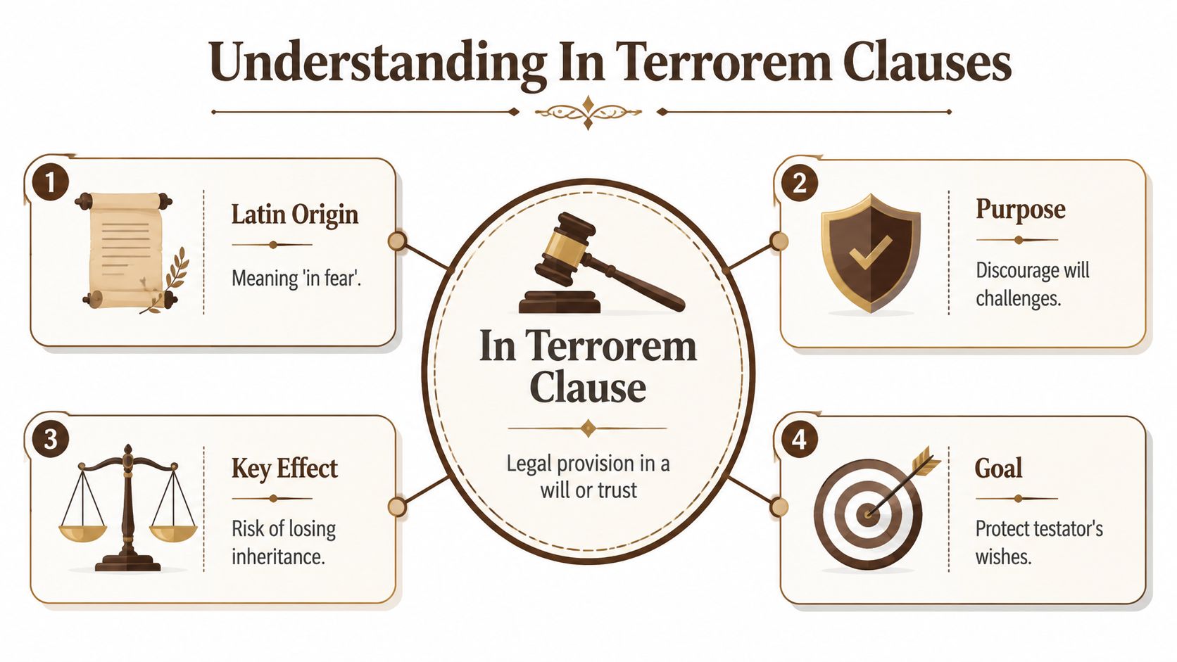 An infographic explaining the concept of in terrorem clauses in wills and trusts with key terms.