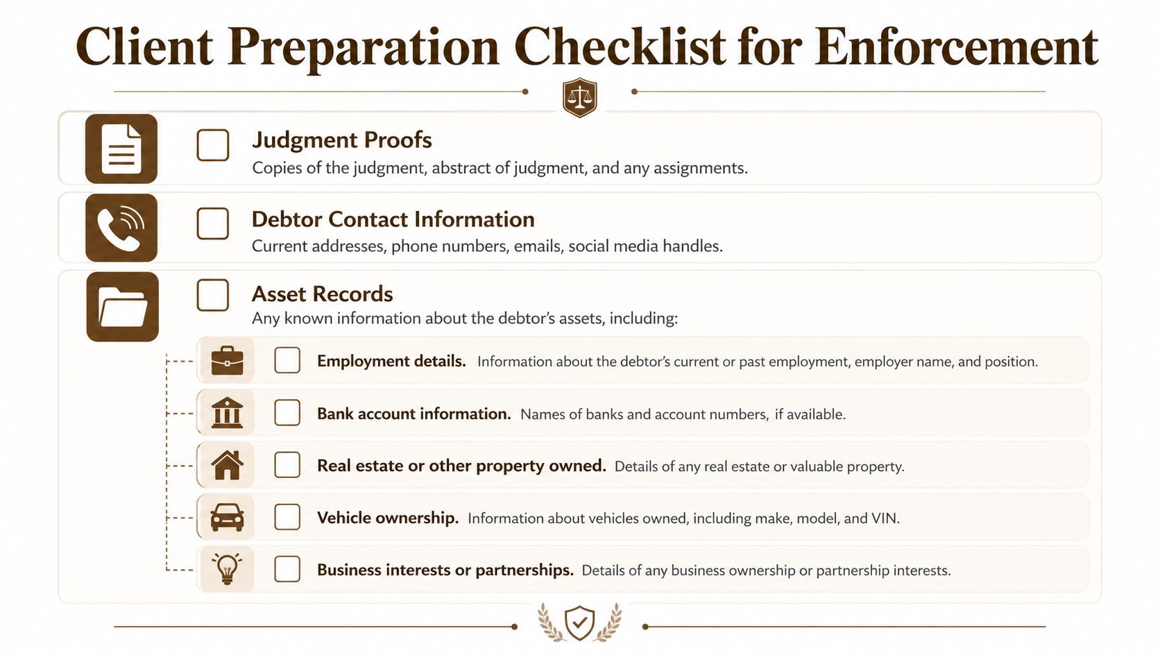A client preparation checklist for legal enforcement listing required documentation, debtor information, and various asset records.
