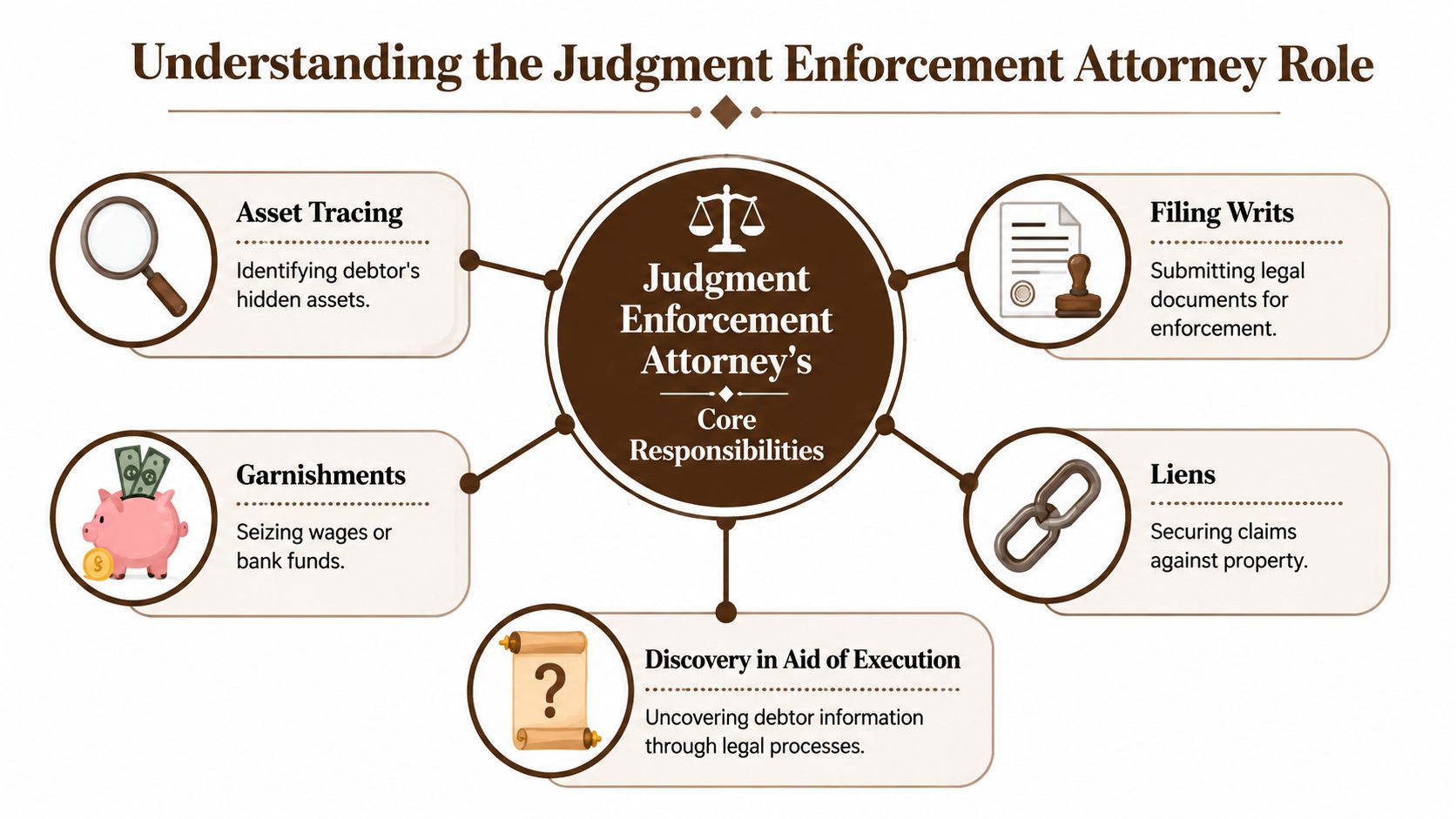 An infographic detailing the core responsibilities of a judgment enforcement attorney, including asset tracing and legal procedures.