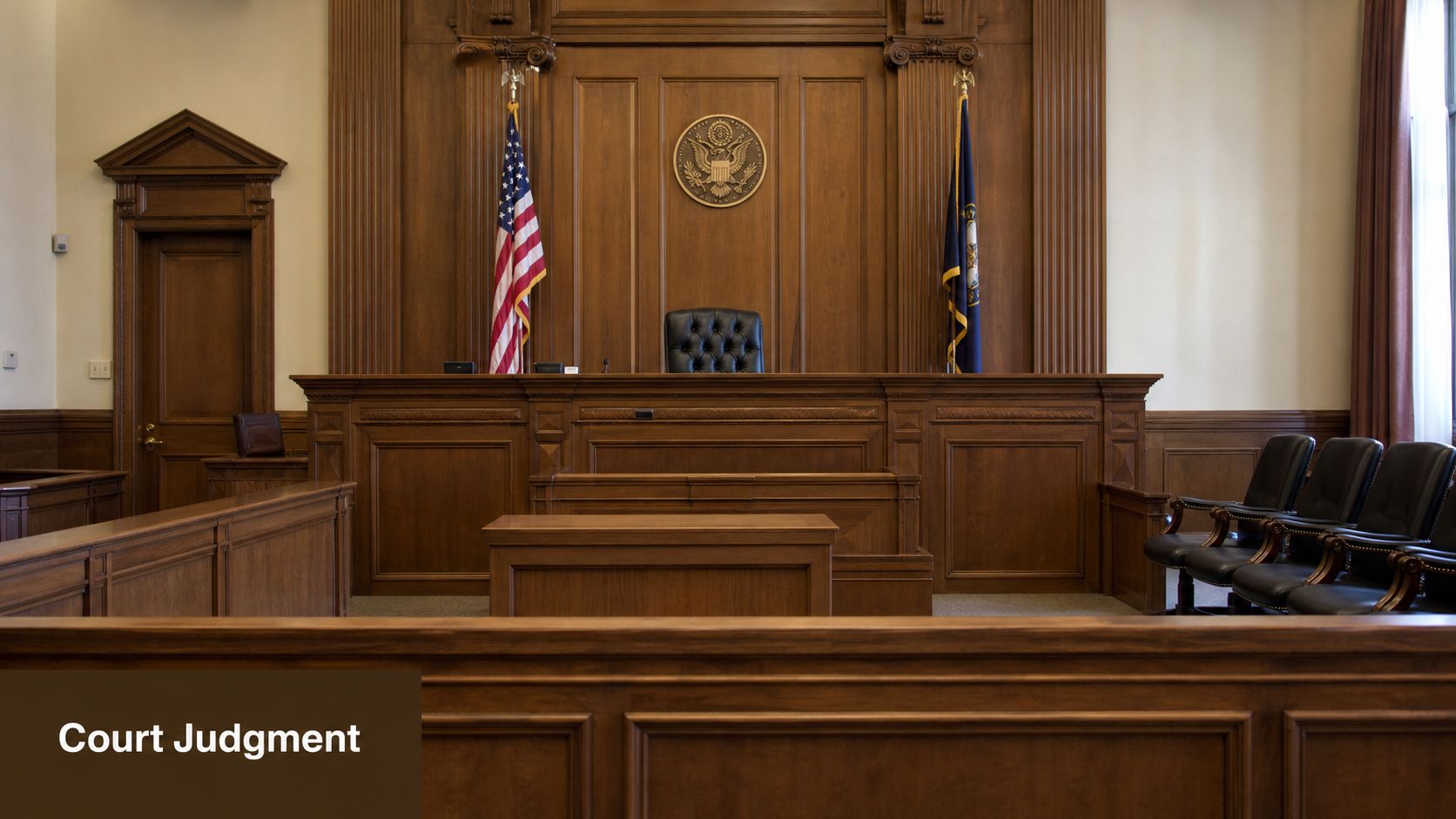 A vacant wooden courtroom featuring a judge's chair, the American flag, and a witness stand.