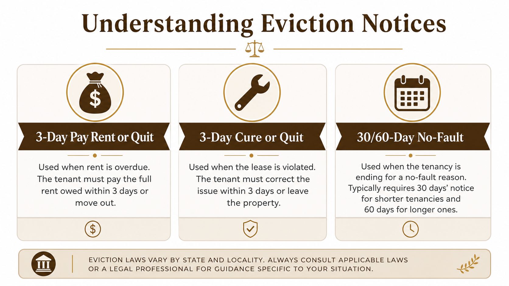 An infographic titled Understanding Eviction Notices explaining 3-Day Pay or Quit, 3-Day Cure, and 30/60-Day No-Fault notices.
