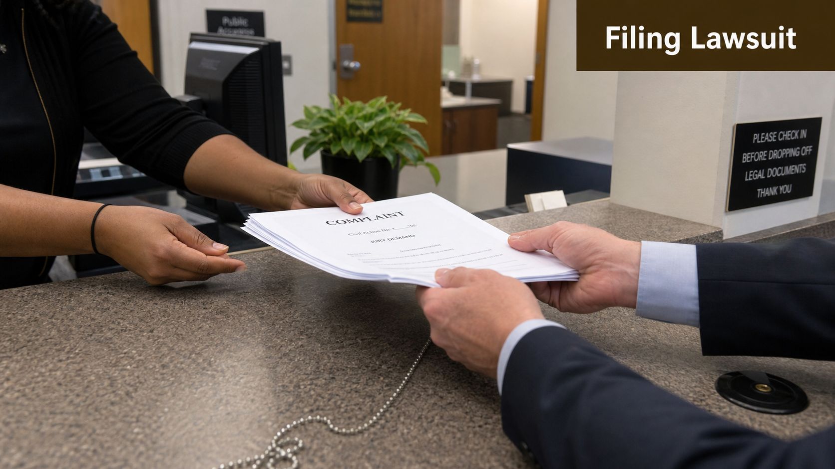 A person in a suit hands legal complaint documents over a counter to a clerk for filing.