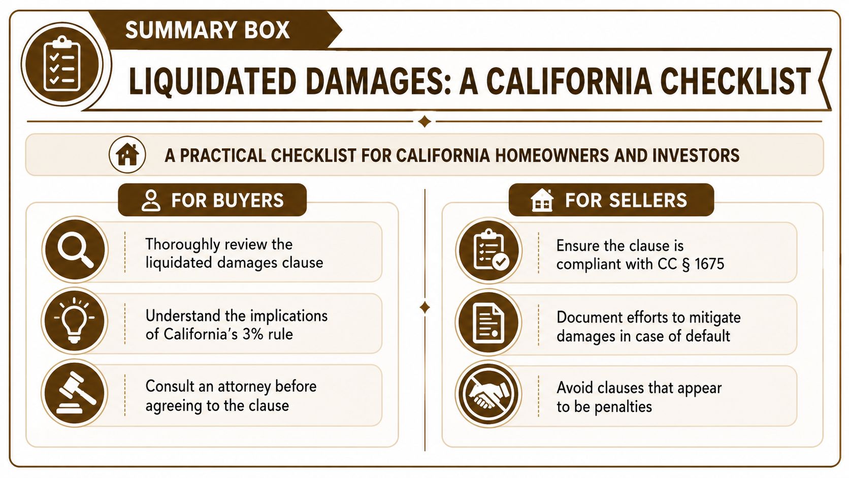 A checklist for California homeowners and investors outlining key considerations regarding liquidated damages in real estate contracts.