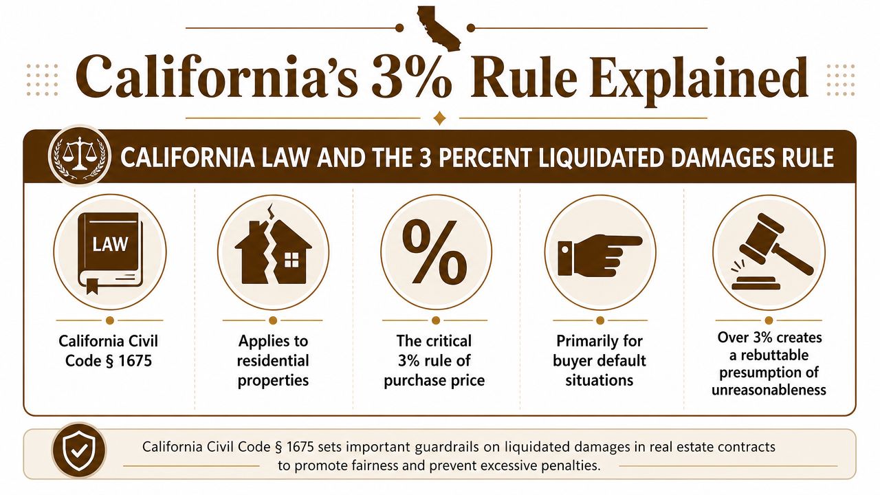 An infographic explaining California's 3% liquidated damages rule for residential real estate purchase contracts.