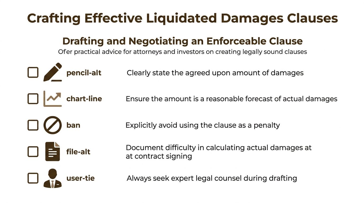 A checklist graphic providing legal tips for crafting enforceable liquidated damages clauses for attorneys and investors.