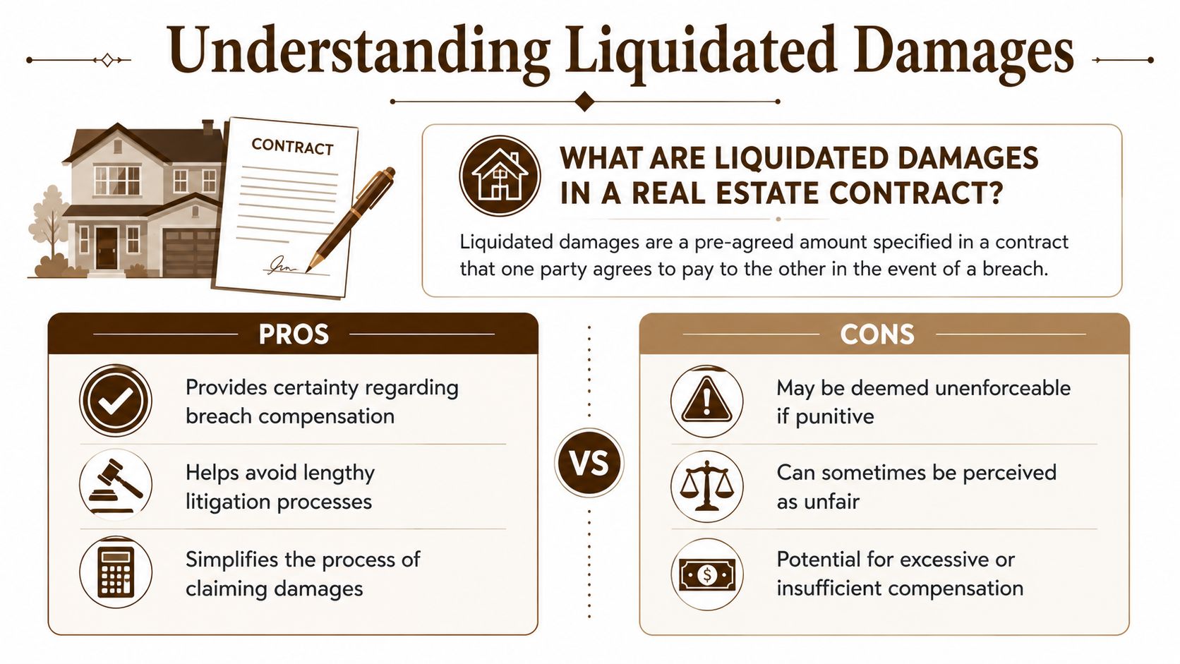 An infographic titled Understanding Liquidated Damages illustrating the pros and cons of using these clauses in contracts.