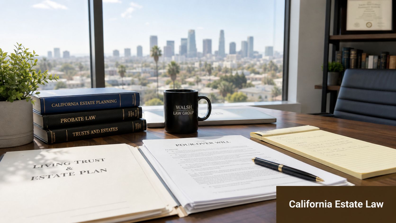 Legal documents, law books, and a branded coffee mug sit on a desk overlooking a cityscape.