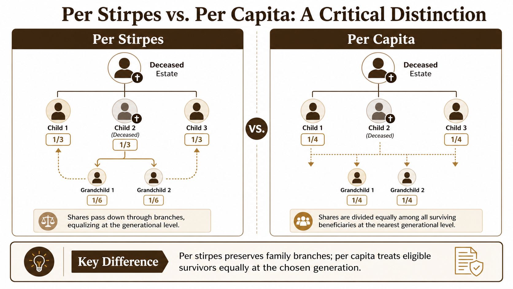 A diagram comparing per stirpes and per capita inheritance methods using family tree inheritance examples.