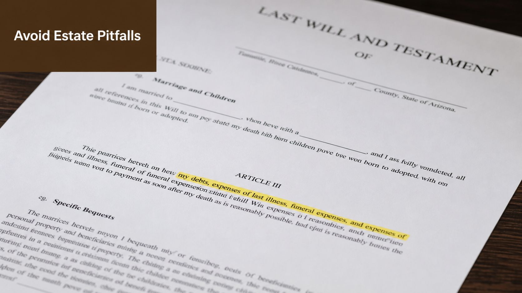 A close-up view of a legal Last Will and Testament document with a highlighted passage about expenses.