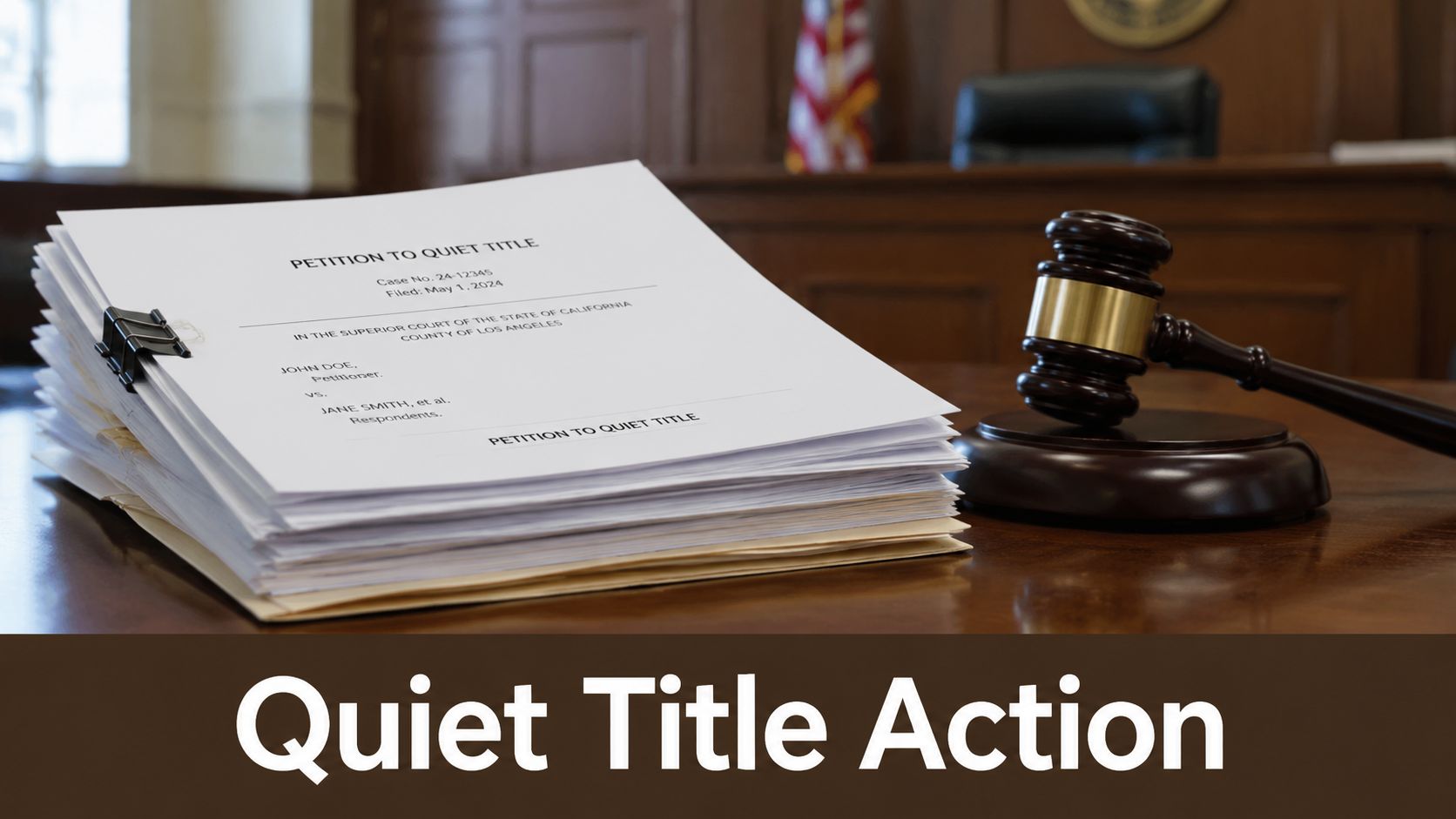 A gavel sits on a wooden desk next to a stack of legal documents labeled Quiet Title.