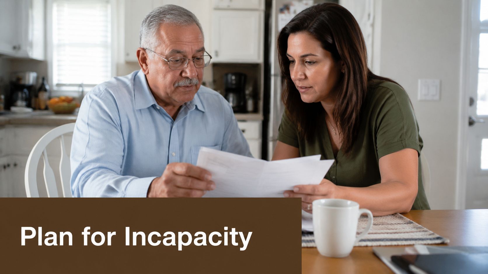 An elderly man and a woman looking at legal documents together at a table in a home.