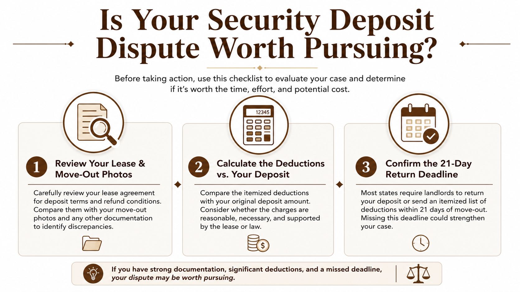 A checklist for evaluating if a security deposit dispute is worth pursuing against your landlord.