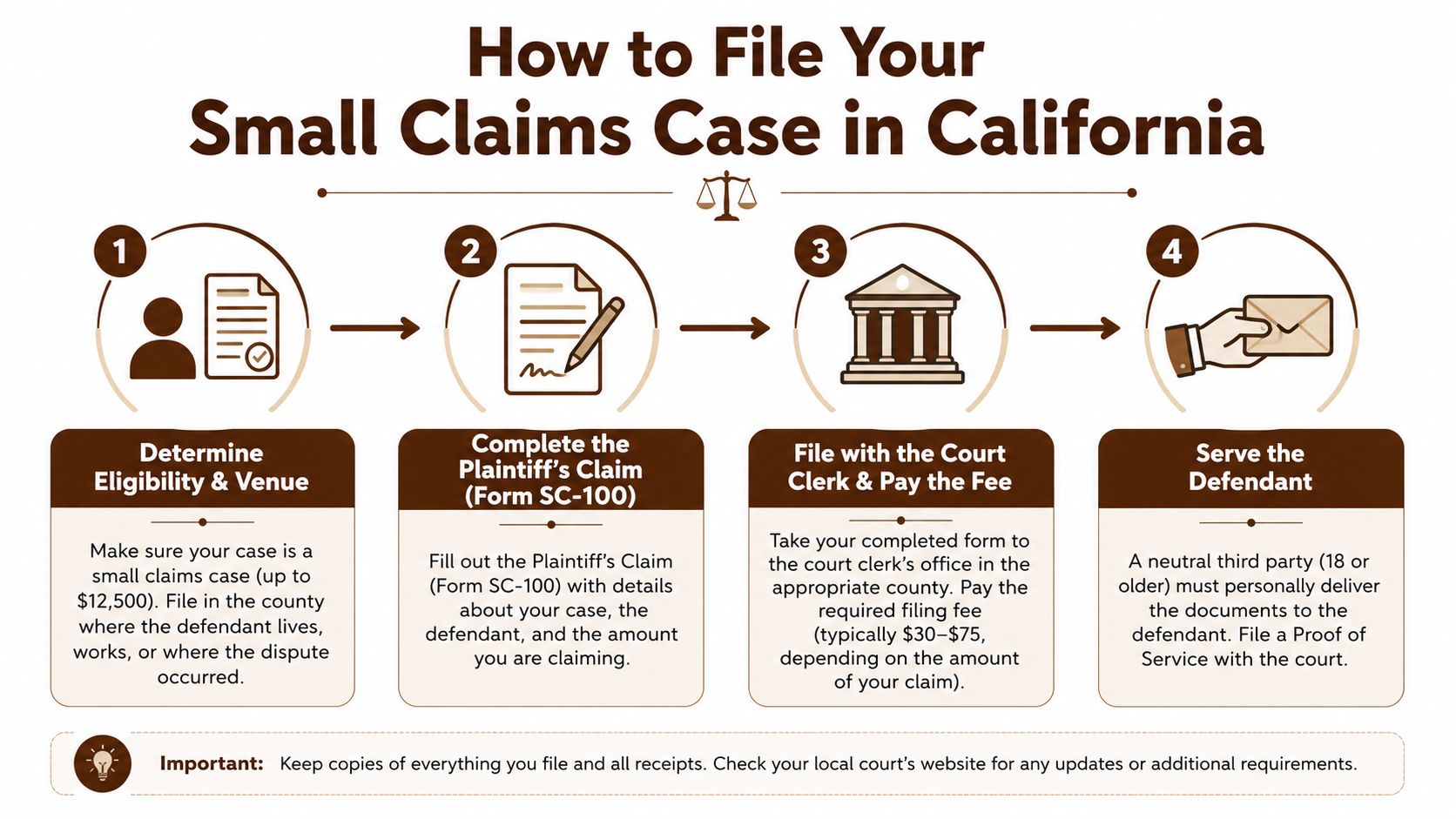 An infographic showing the four-step process for filing a small claims case in California.