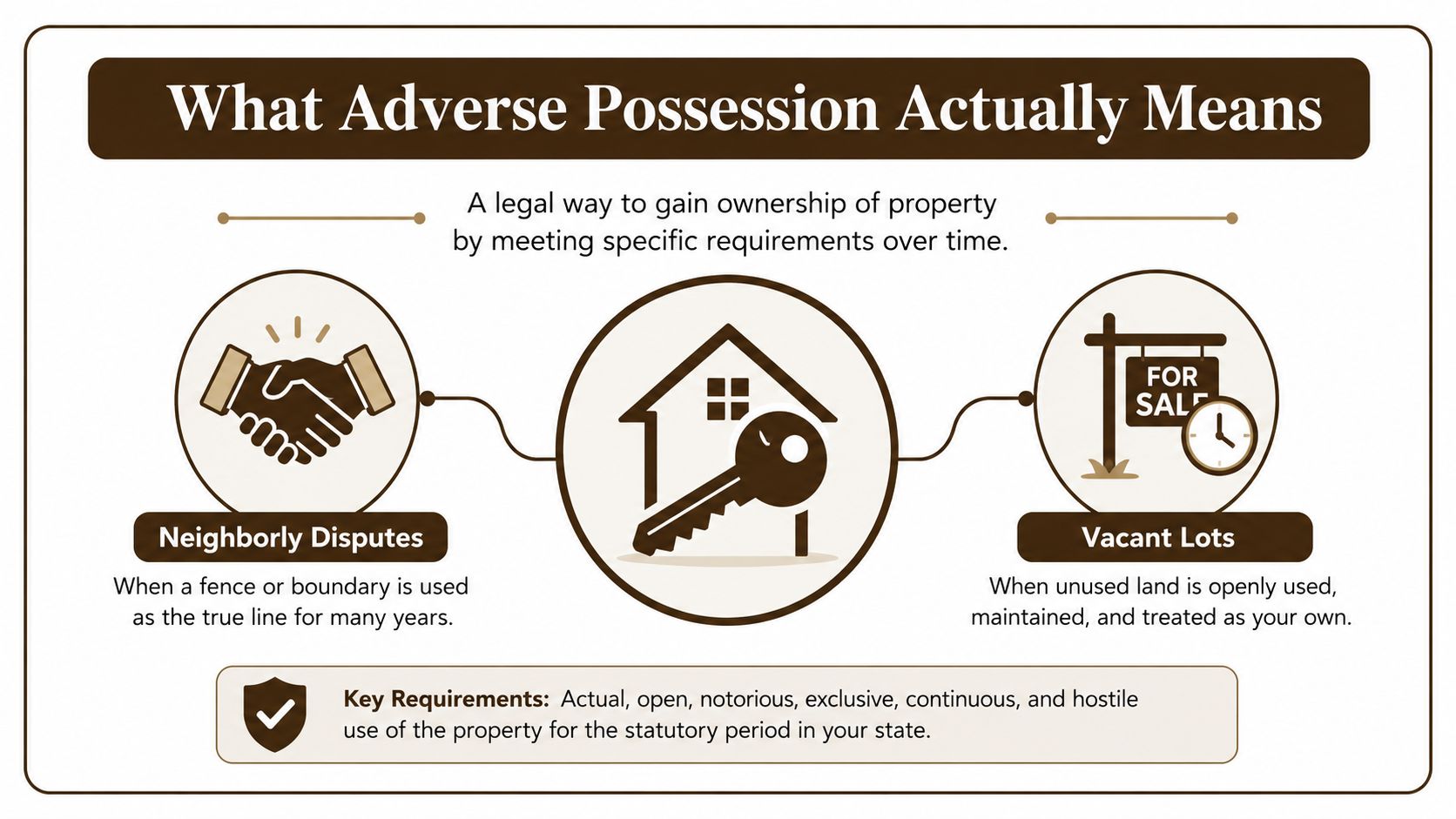 An educational infographic explaining the legal concept of adverse possession with key requirements and common examples.