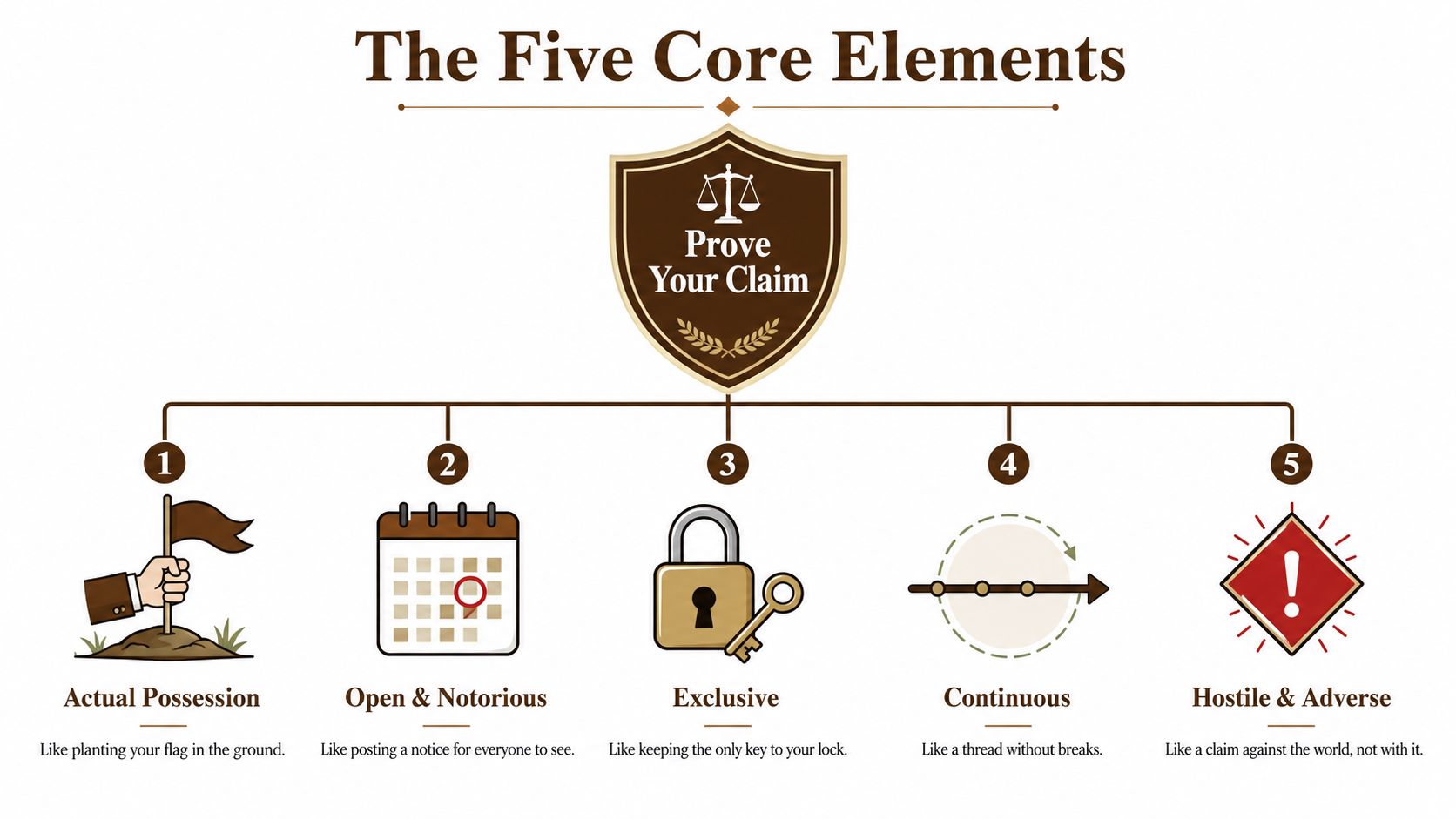 An infographic titled The Five Core Elements detailing legal requirements for adverse possession with numbered icons.