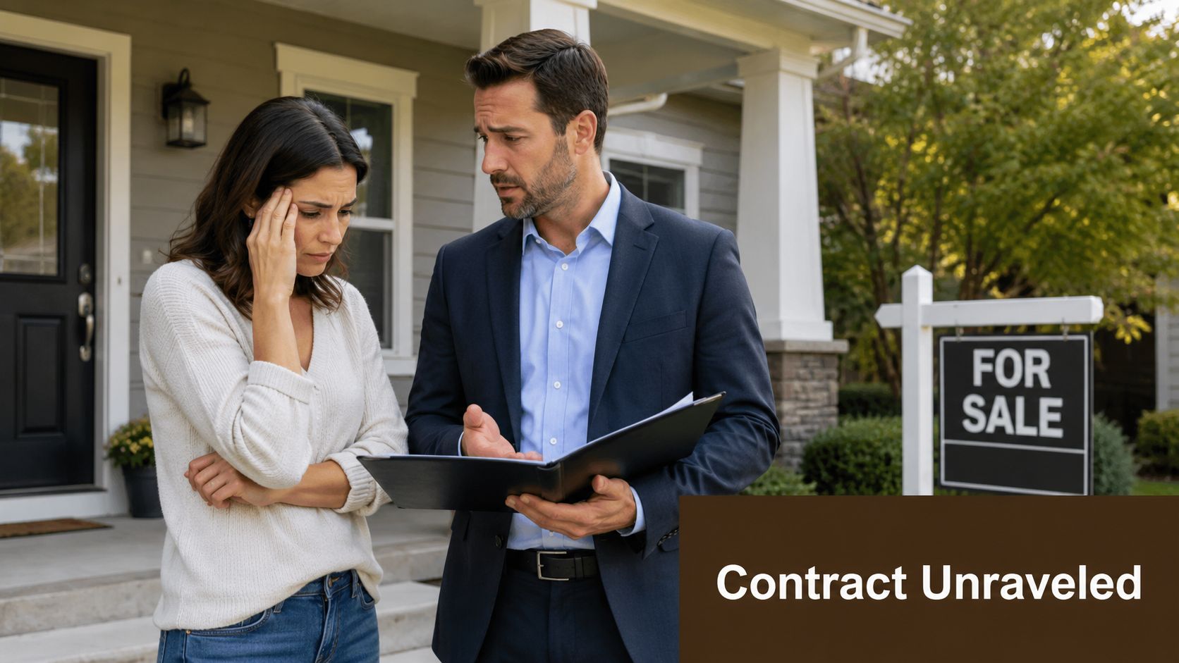 A distressed woman listening to a real estate agent holding a folder in front of a house.